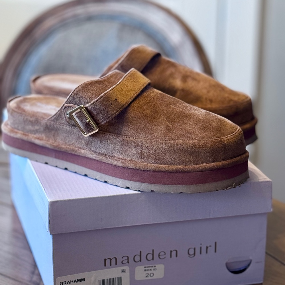 Madden Girl Tan Suede Mules Clogs
